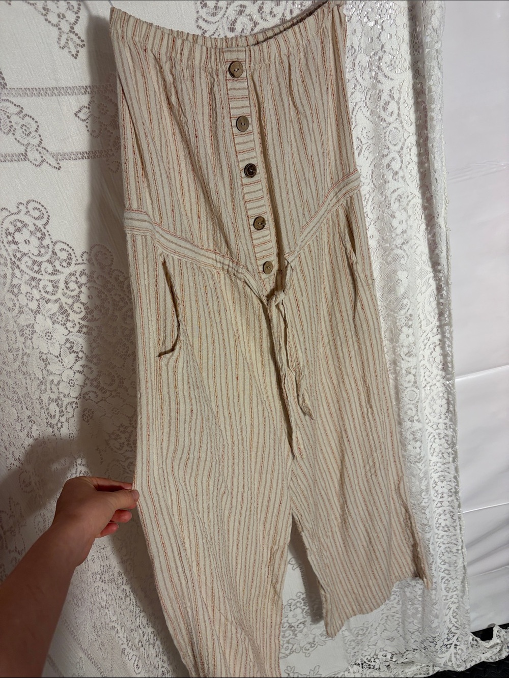 blue island Beige Striped Button-Front Wide-Leg Pants